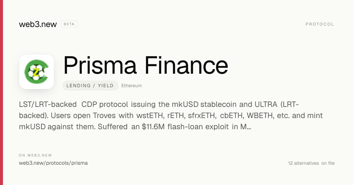Prisma Finance — Lending / Yield · web3.new
